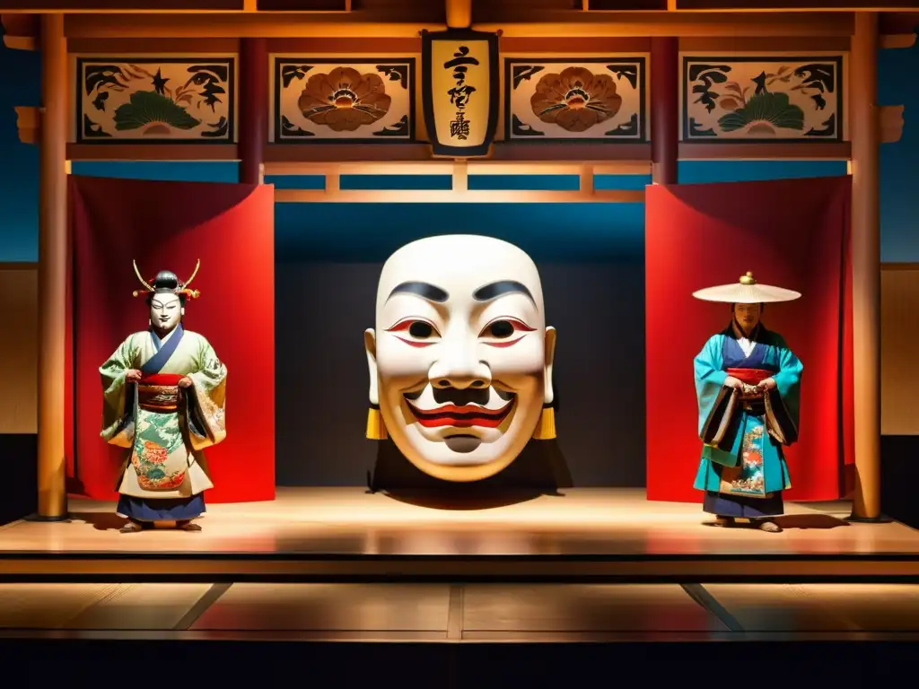 Una imagen evocadora del escenario de un teatro Noh japonés, con intrincadas tallas de madera, fondos pintados a mano y una iluminación dramática