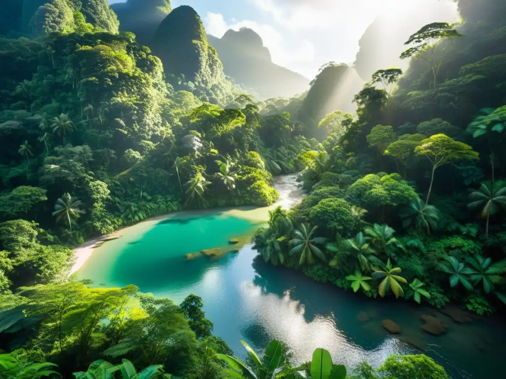 Imagen de un exuberante bosque tropical con río cristalino