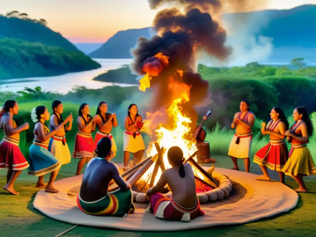 Imagen de festival de agradecimiento en pueblos originarios, con danzas coloridas alrededor de una fogata en medio de exuberante vegetación