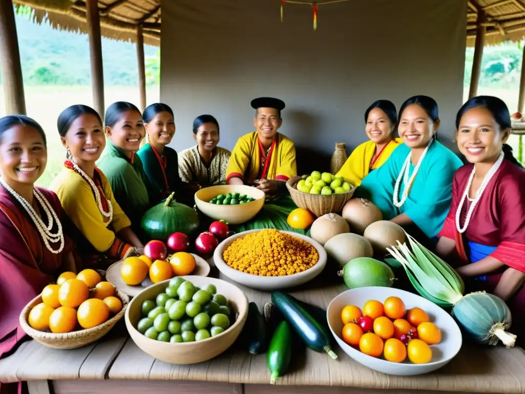 Imagen del Festival Tadau Kaamatan: grupo de Kadazandusun celebra con cantos gratitud, rodeados de comida y vestimenta tradicional colorida