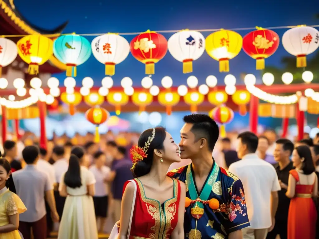 Imagen del Festival Chap Goh Meh con tradiciones románticas, desfiles de barcos iluminados, lanzamiento de candados de amor y coloridas actuaciones culturales bajo un cielo estrellado