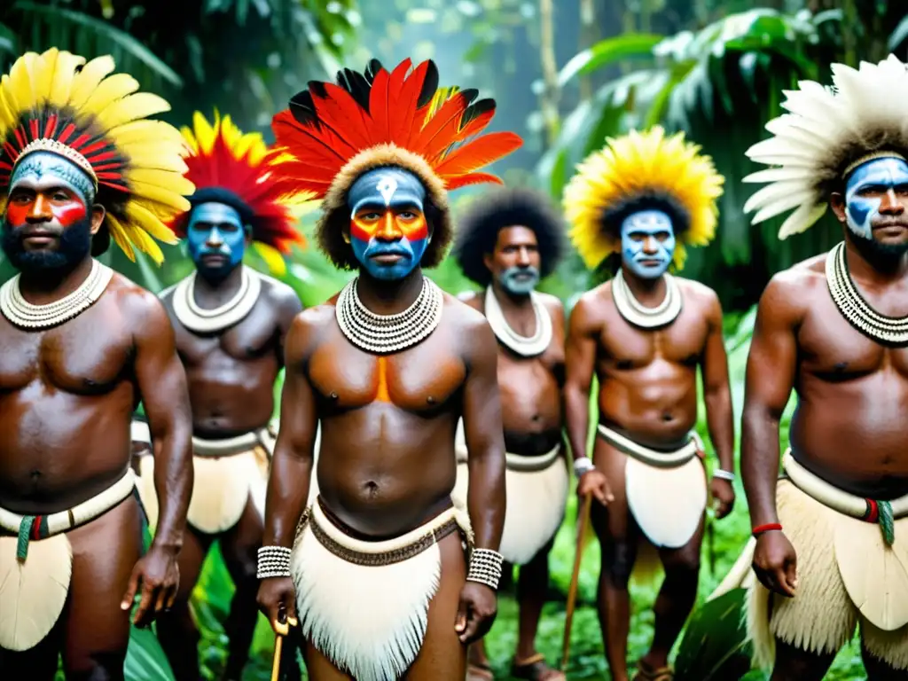 Imagen de un grupo de hombres y mujeres papúes en trajes ceremoniales tradicionales, realizando un baile de bodas en la selva