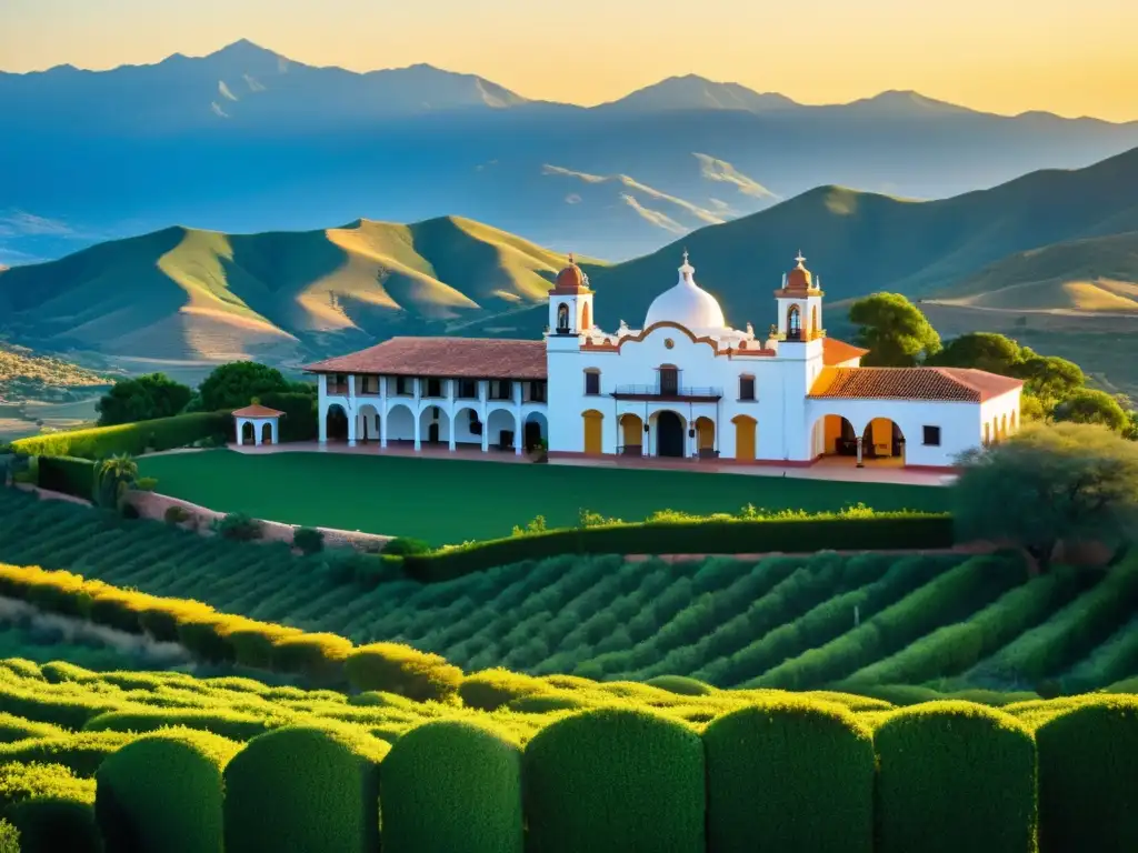 Imagen de una histórica hacienda en el campo con arquitectura colonial y belleza natural