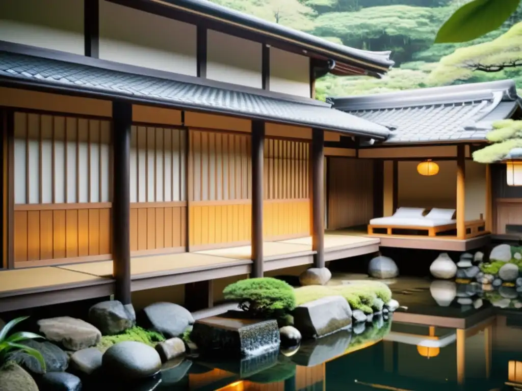 Imagen de la histórica Hōshi Ryokan en Japón, rodeada de montañas, jardines y aguas termales