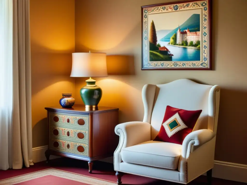 Imagen de hotel temático europeo con decoración tradicional: tapices, cerámica y arte folclórico