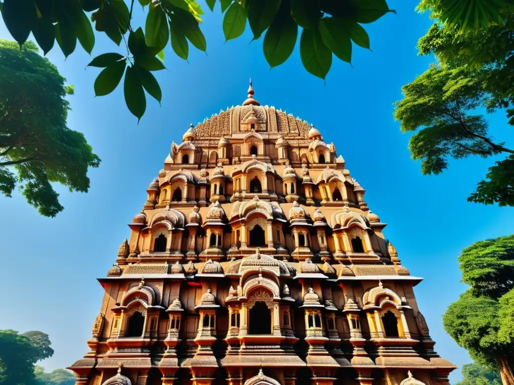 Imagen impactante de un antiguo templo hindú, rodeado de exuberante vegetación bajo un cielo azul