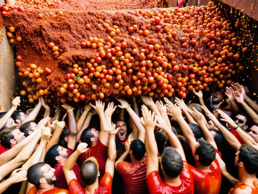 Imagen impactante de la celebración caótica y vibrante de La Tomatina en Buñol, España, destacando el significado cultural de la festividad