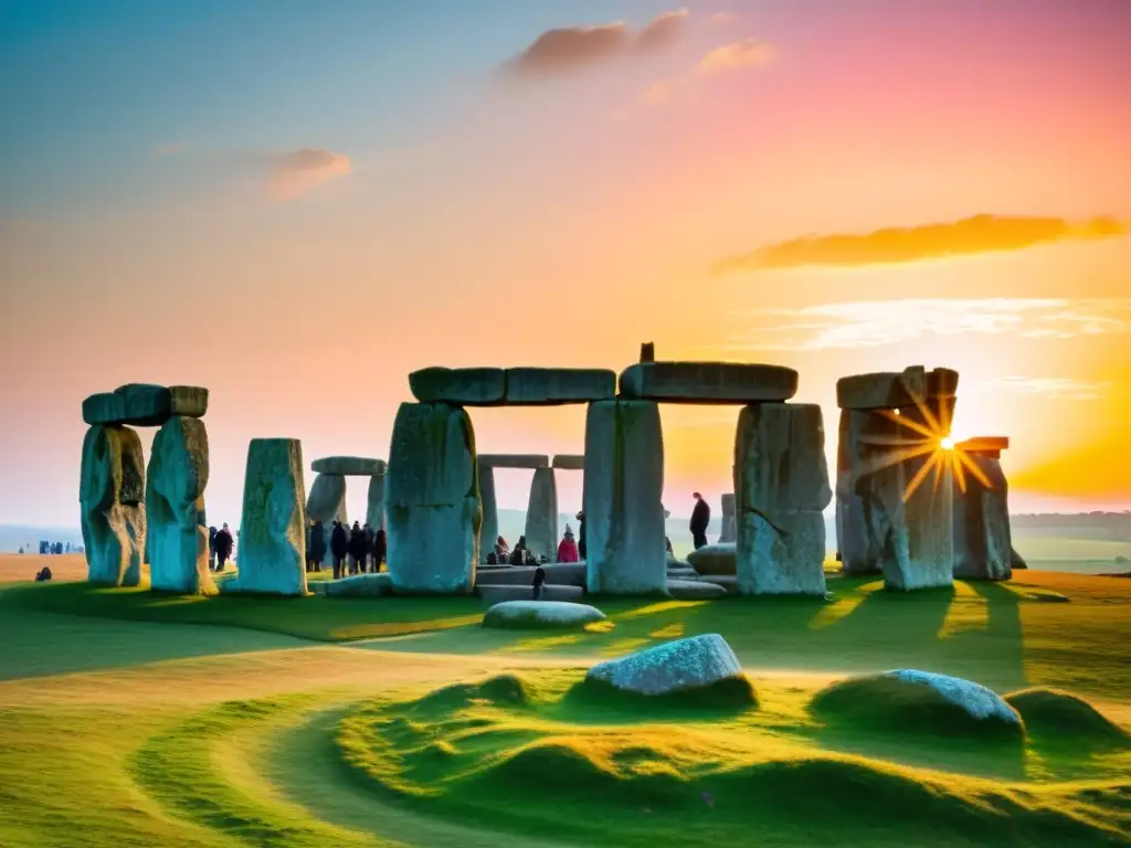 Imagen impactante del Stonehenge al amanecer durante la celebración del solsticio de verano, con personas en primer plano