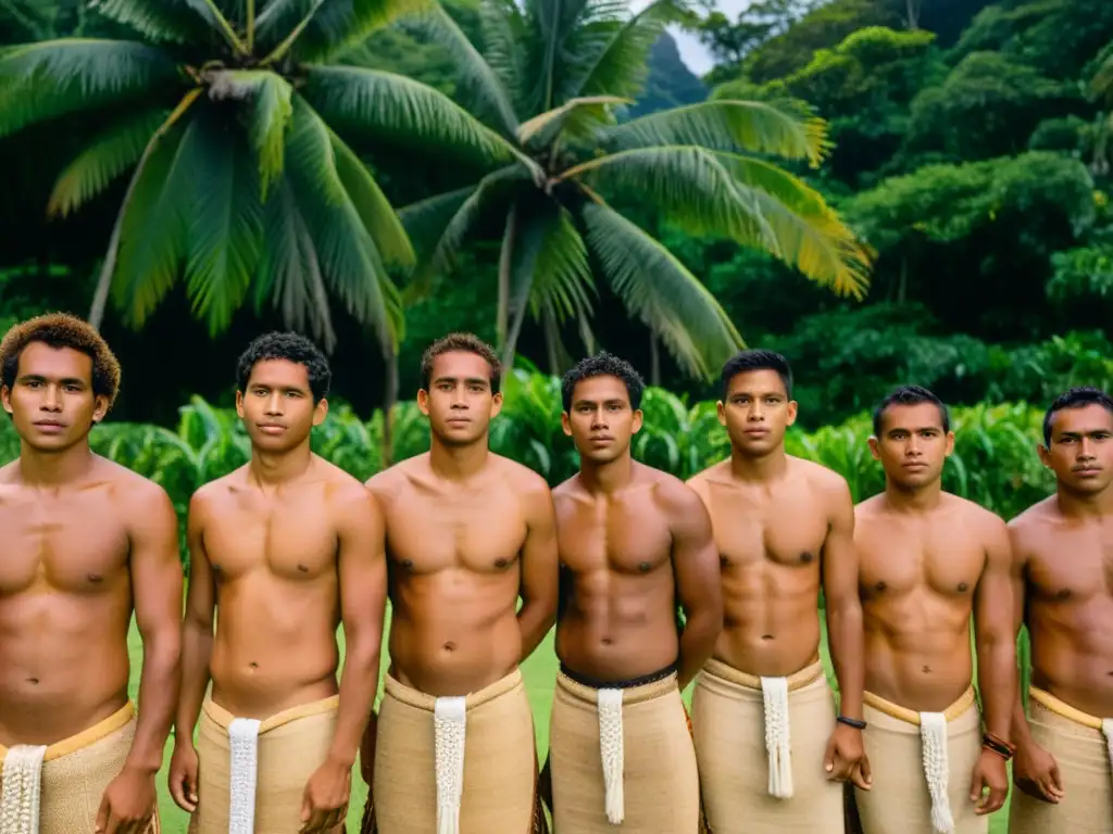 Imagen impactante de la ceremonia de iniciación masculina Kosrae, con jóvenes en atuendos tradicionales frente a un lugar sagrado en la isla