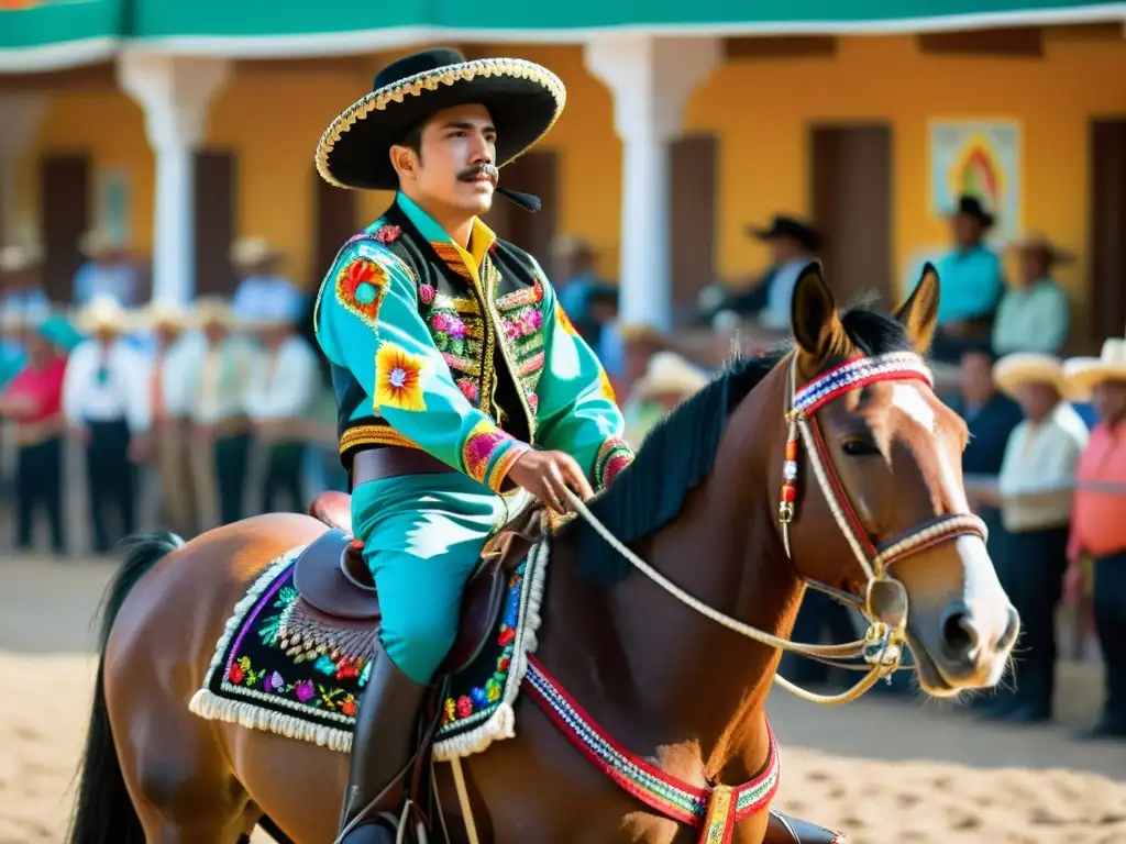 Imagen impactante de un charro mexicano montando un caballo adornado, rodeado de una multitud festiva