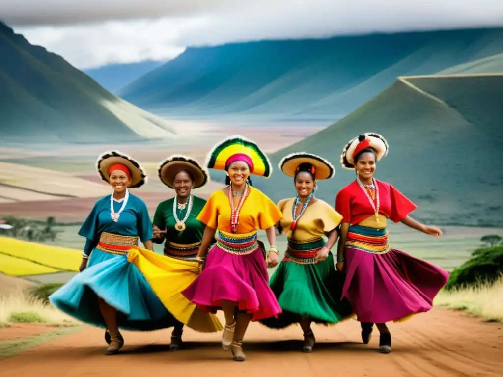 Imagen impactante de la danza cultural Saya afroboliviana, con vibrantes trajes tradicionales y expresiones llenas de pasión, en el paisaje boliviano