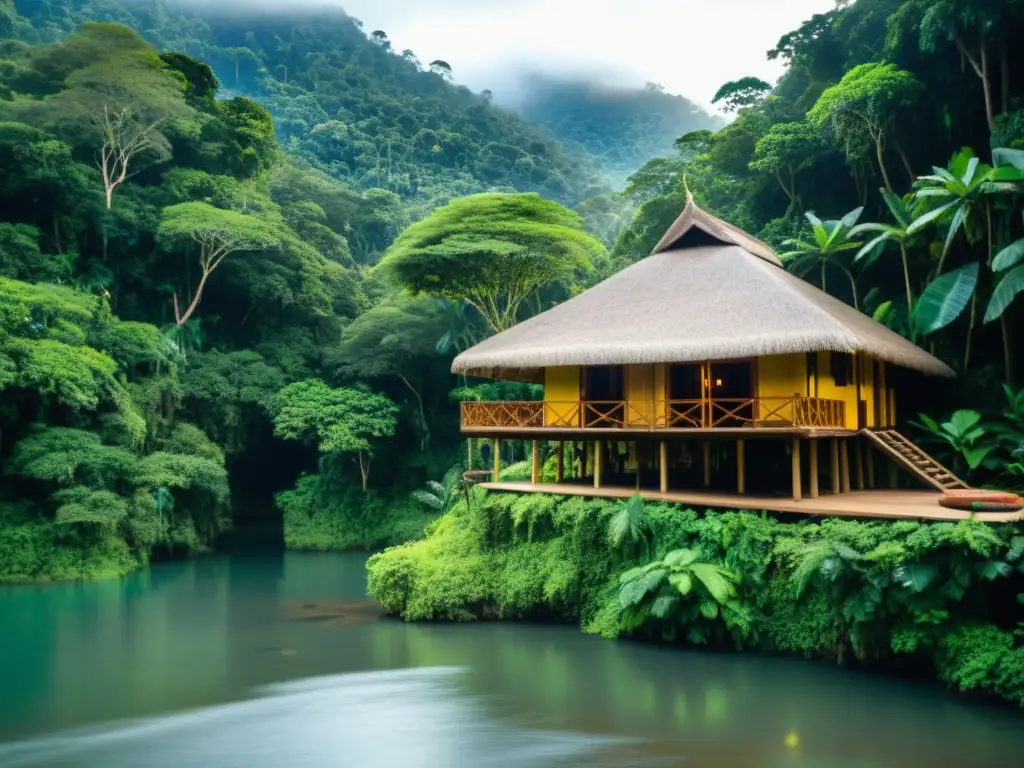 Imagen de un impactante ecolodge sostenible en la exuberante selva, reflejando la armonía entre cultura y naturaleza