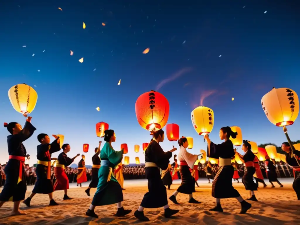 Una imagen impactante de un festival de fuego japonés, con faroles iluminando el cielo nocturno y bailarines entre las llamas