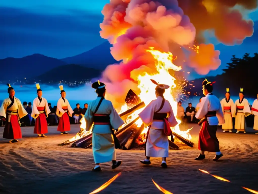 Imagen impactante del festival de fuego tradicional Shinto en Japón, con danzas, fuego y una atmósfera espiritual única