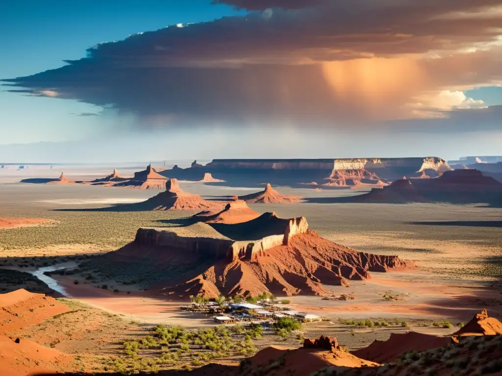 Una imagen impactante del paisaje árido y soleado de la Nación Navajo, con tierra agrietada y vegetación escasa bajo un cielo despejado