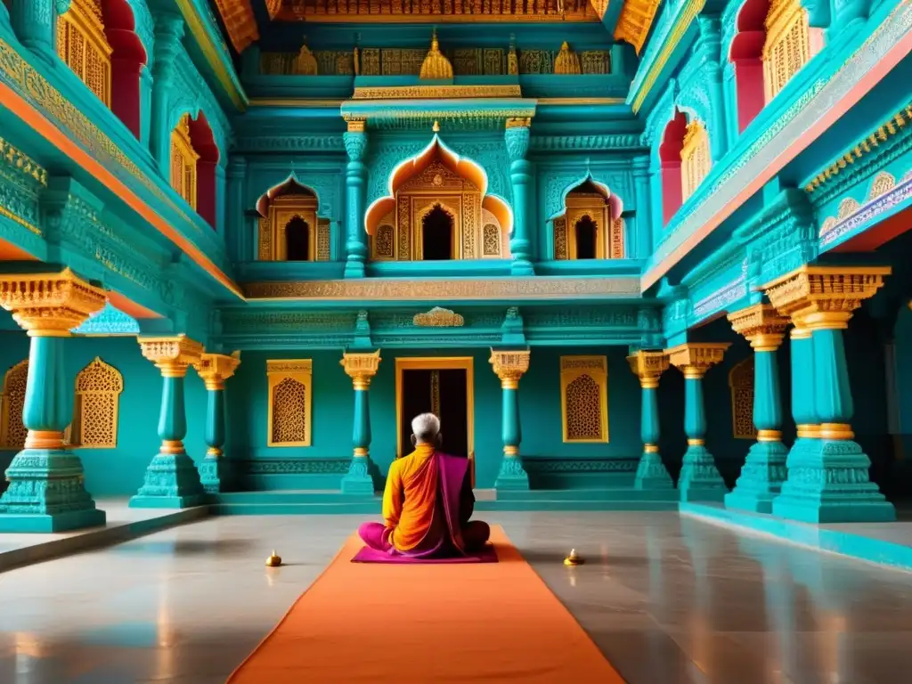 Imagen impactante de un templo hindú en India, con intrincadas esculturas, devotos rezando y una atmósfera sagrada y tranquila