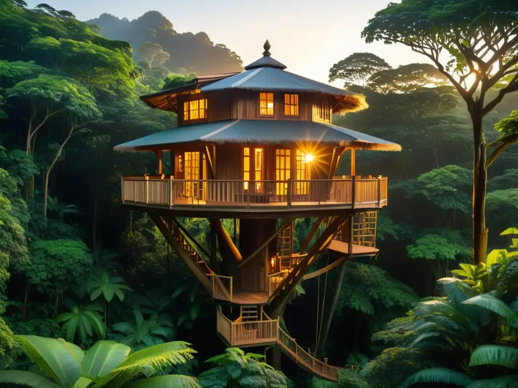 Imagen impresionante de un alojamiento en árboles tradicionales en la exuberante selva tropical al atardecer, evocando tradición y armonía natural