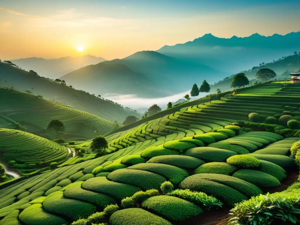 Imagen impresionante de las colinas de Darjeeling cubiertas de niebla al amanecer, con trabajadores recolectando hojas de té fresco