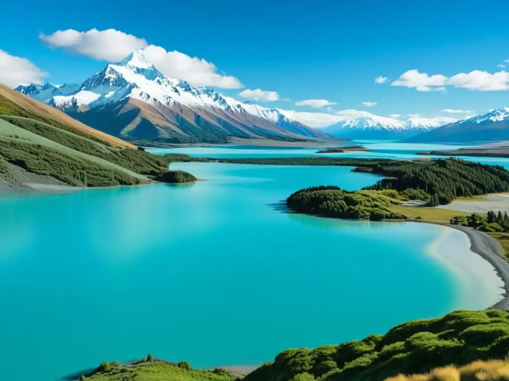 Imagen de Amon Hen con el impresionante Lago Pukaki en primer plano, reflejando las montañas nevadas y exuberante vegetación