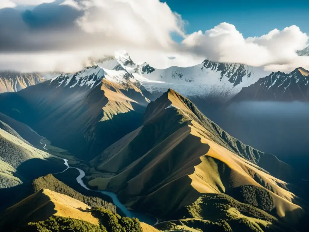 Imagen impresionante de los picos nevados de los Alpes del Sur de Nueva Zelanda, envueltos en niebla y nubes, evocando aventura y misterio en las Rutas de El Señor de los Anillos en Nueva Zelanda