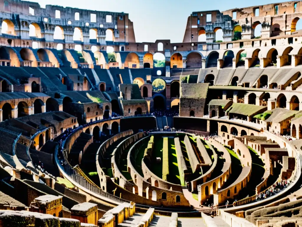 Imagen del interior del Coliseo Romano, impresionante con sus arcos de piedra y pasadizos, evocando historia y diversidad cultural