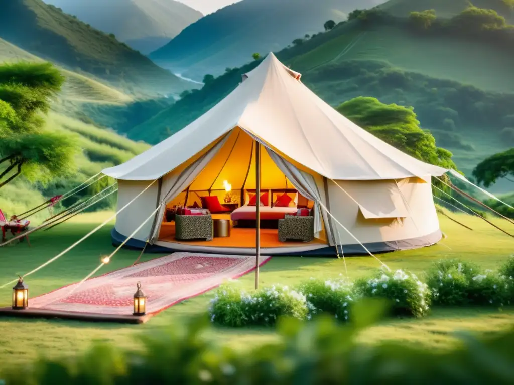 Imagen de lujo glamping cultural con tienda de campaña, elegancia y cultura en medio de la naturaleza exuberante