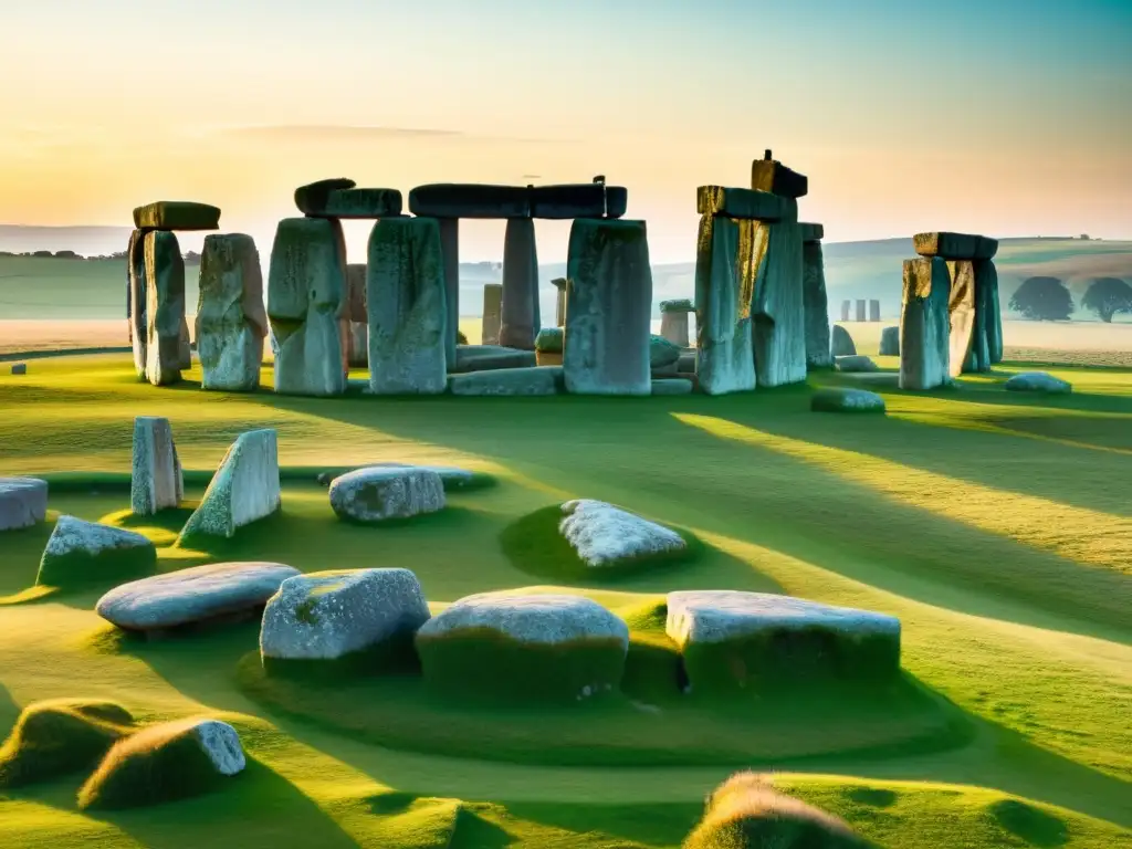 Imagen del Misterio de Stonehenge en un amanecer neolítico, con sombras largas y luz dorada destacando los patrones de las piedras