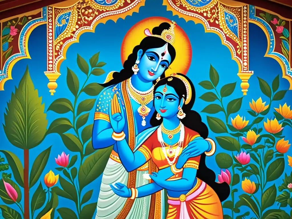 Imagen de mural hindú mostrando la historia de amor de Krishna y Radha en un templo tradicional, con colores vivos y detalles elaborados