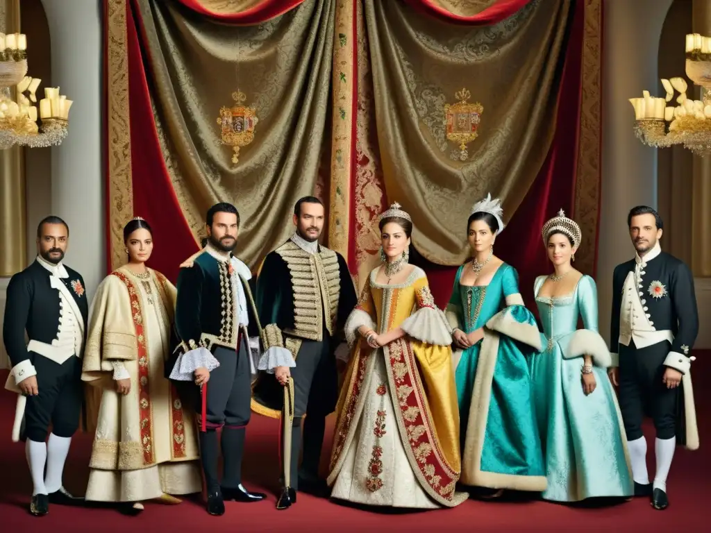 Una imagen en 8k detalla a nobles y dignatarios españoles del siglo XVII en una lujosa sala de baile