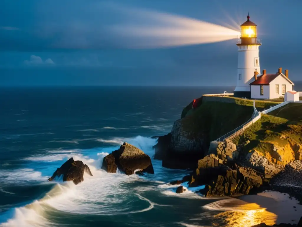 Faros históricos: guías de luz en la oscuridad Imagen nocturna de un faro histórico iluminando la costa rocosa
