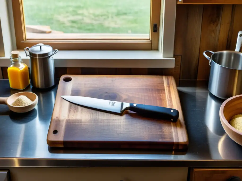 Una imagen nostálgica de utensilios de cocina gastados sobre una tabla de cortar de madera, iluminada por luz natural