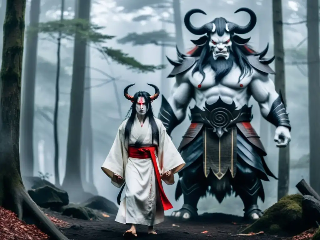 Imagen de un Yurei y un Oni en la cultura japonesa, con paisaje neblinoso y atmósfera misteriosa