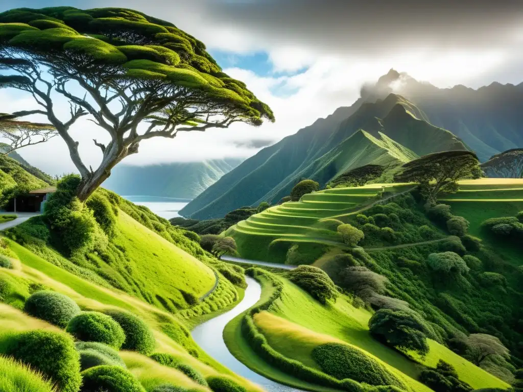 Imagen de paisaje exuberante en Nueva Zelanda con rutas de El Señor de los Anillos, montañas místicas y grupo de excursionistas