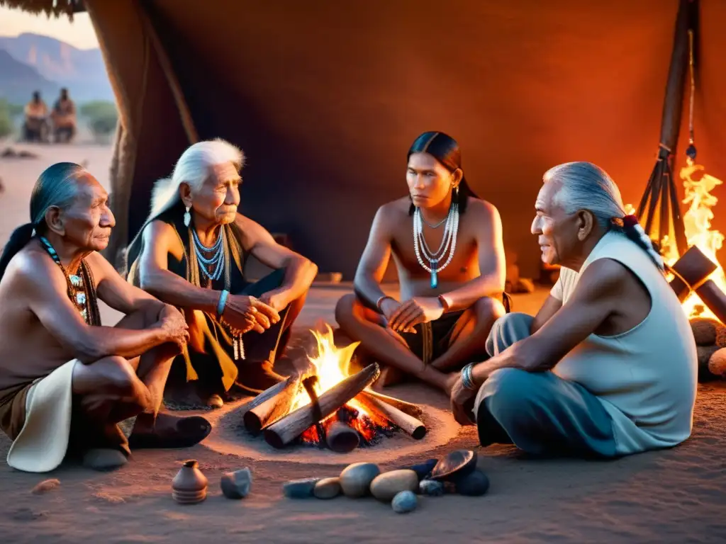 Una imagen de alta resolución detalla a ancianos nativos americanos sentados alrededor de un fuego, rodeados de artefactos culturales tradicionales