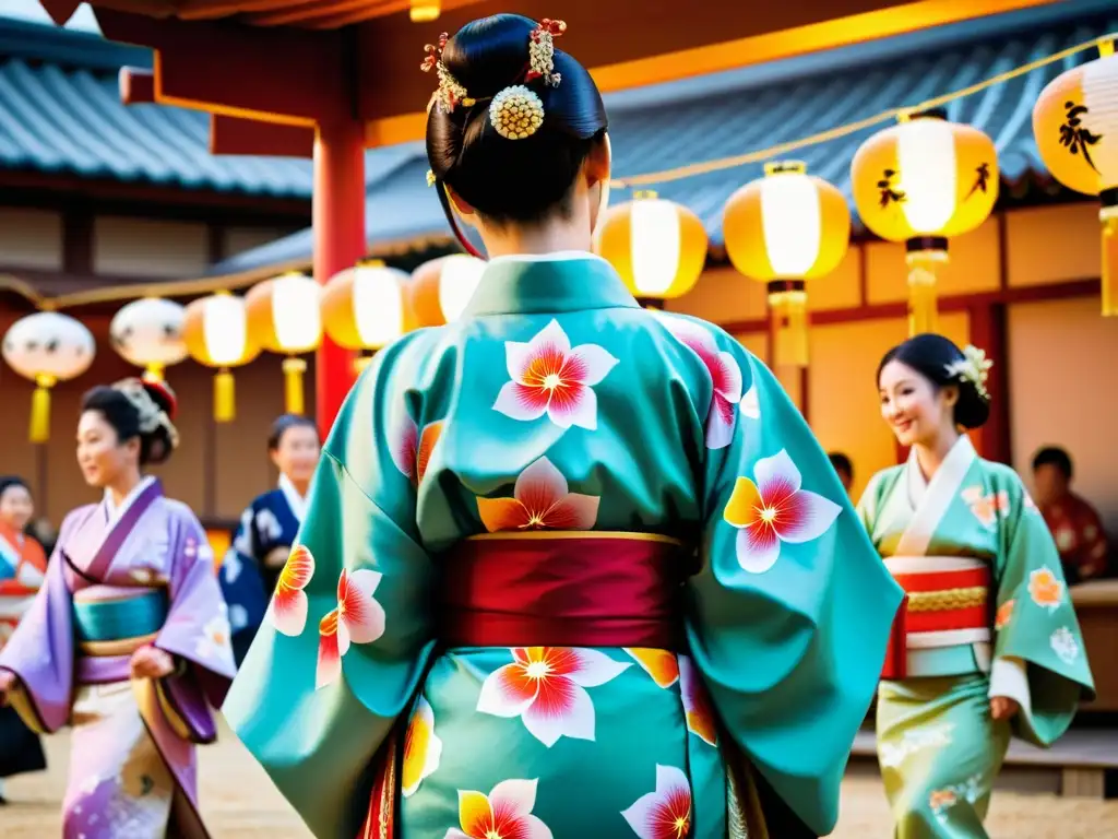 Una imagen de alta resolución de un festival tradicional japonés, con kimonos vibrantes y detalles intrincados