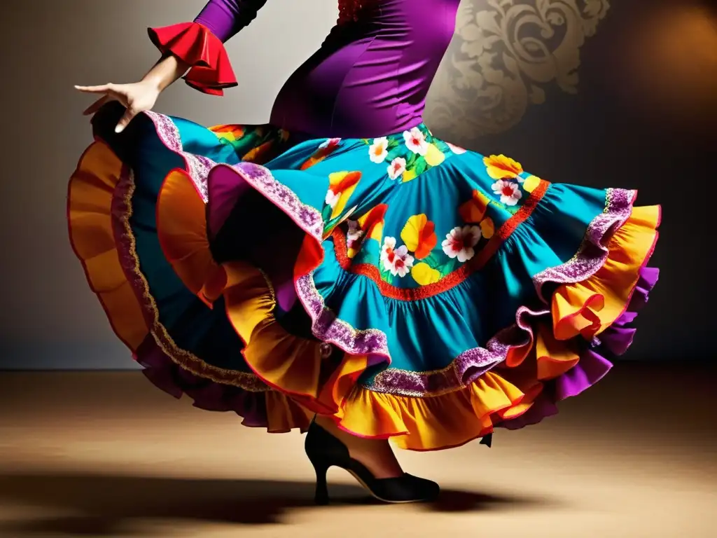 Una imagen de alta resolución de un traje de flamenco vibrante y adornado, capturando la energía de una actuación tradicional