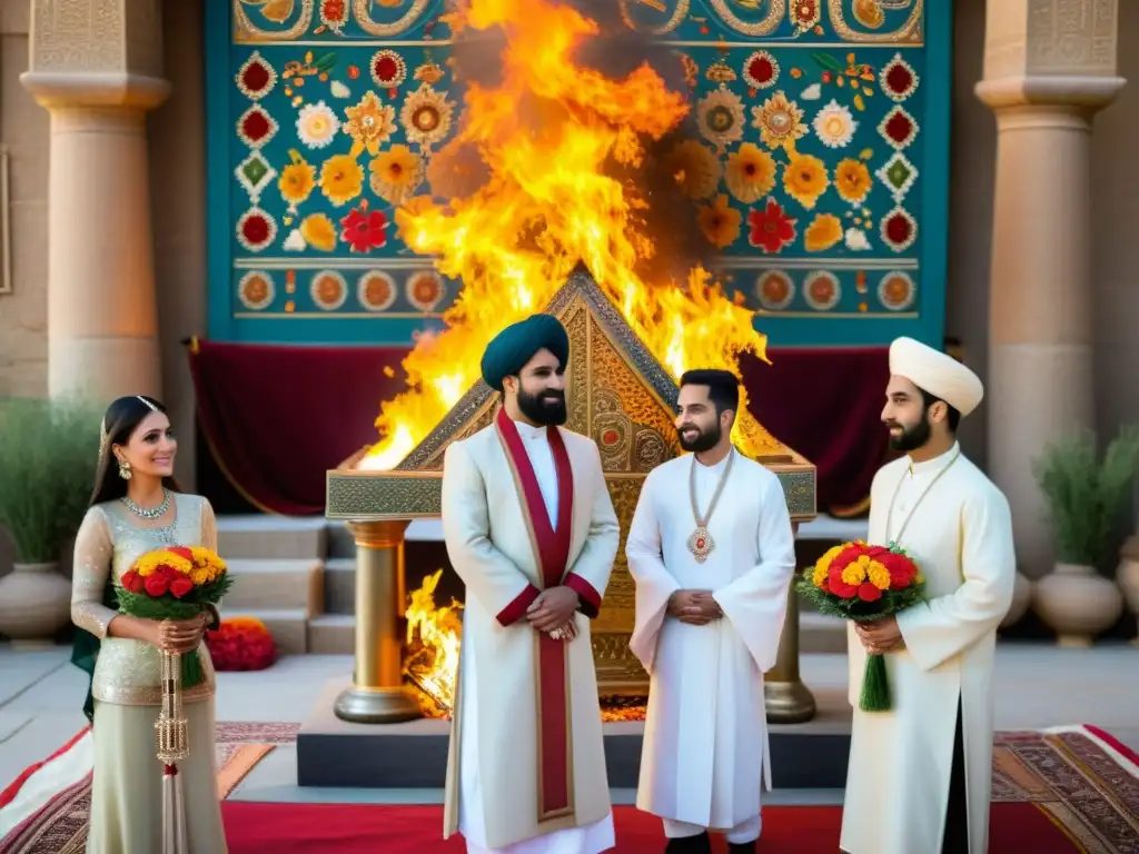 Imagen de rituales matrimoniales antiguos en Persia, con detalles de vestimenta, joyería y simbología, evocando tradición cultural