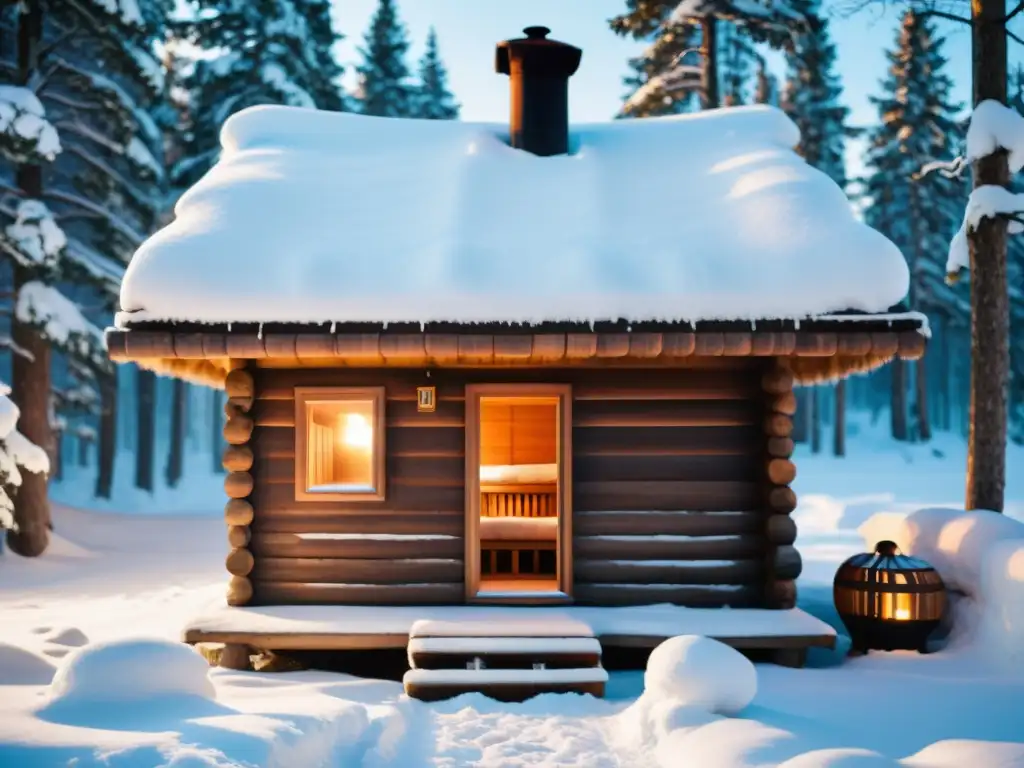 Imagen de una sauna siberiana tradicional en un claro nevado del bosque