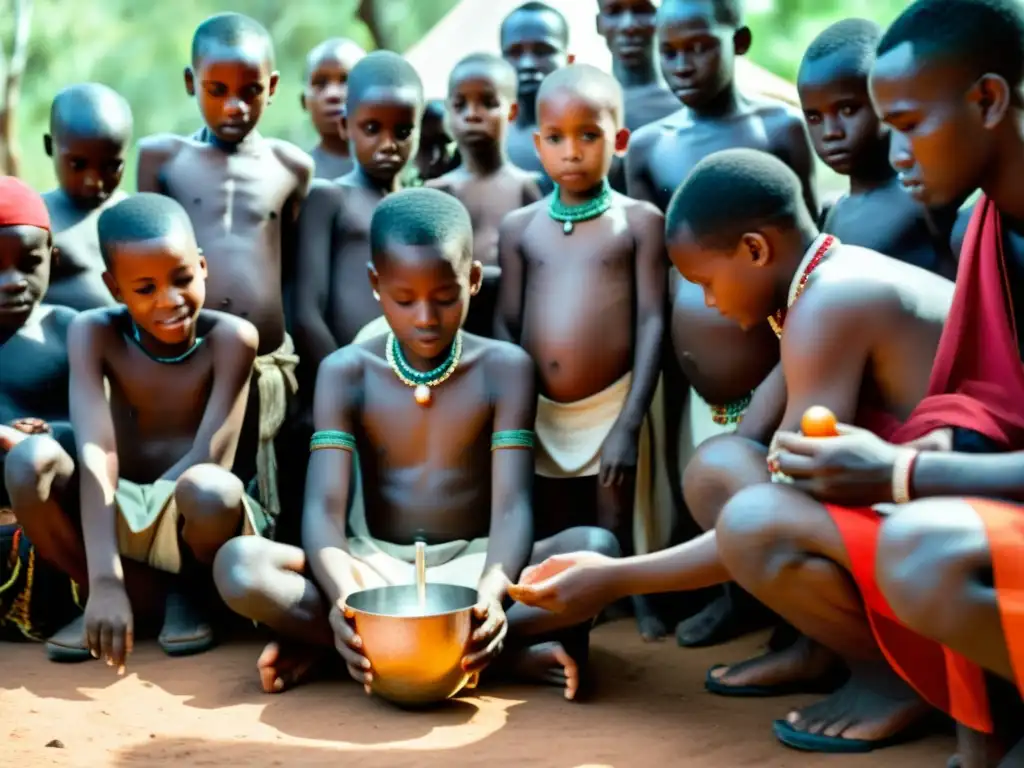 Imagen de la significativa ceremonia de circuncisión en África, con jóvenes vestidos tradicionalmente, rodeados de la comunidad