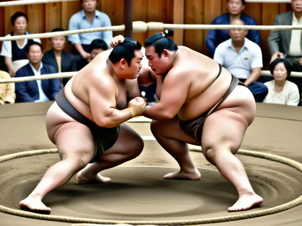 Imagen de sumo sagrado: tradición y modernidad se entrelazan en la intensa lucha de dos luchadores, mientras la multitud observa con atención