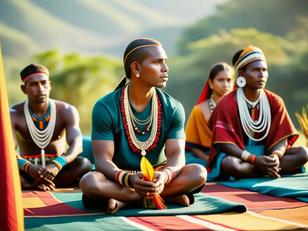 Imagen de telas exóticas en ceremonias y festivales tribales, con vibrantes colores y patrones detallados, iluminados por la cálida luz del sol