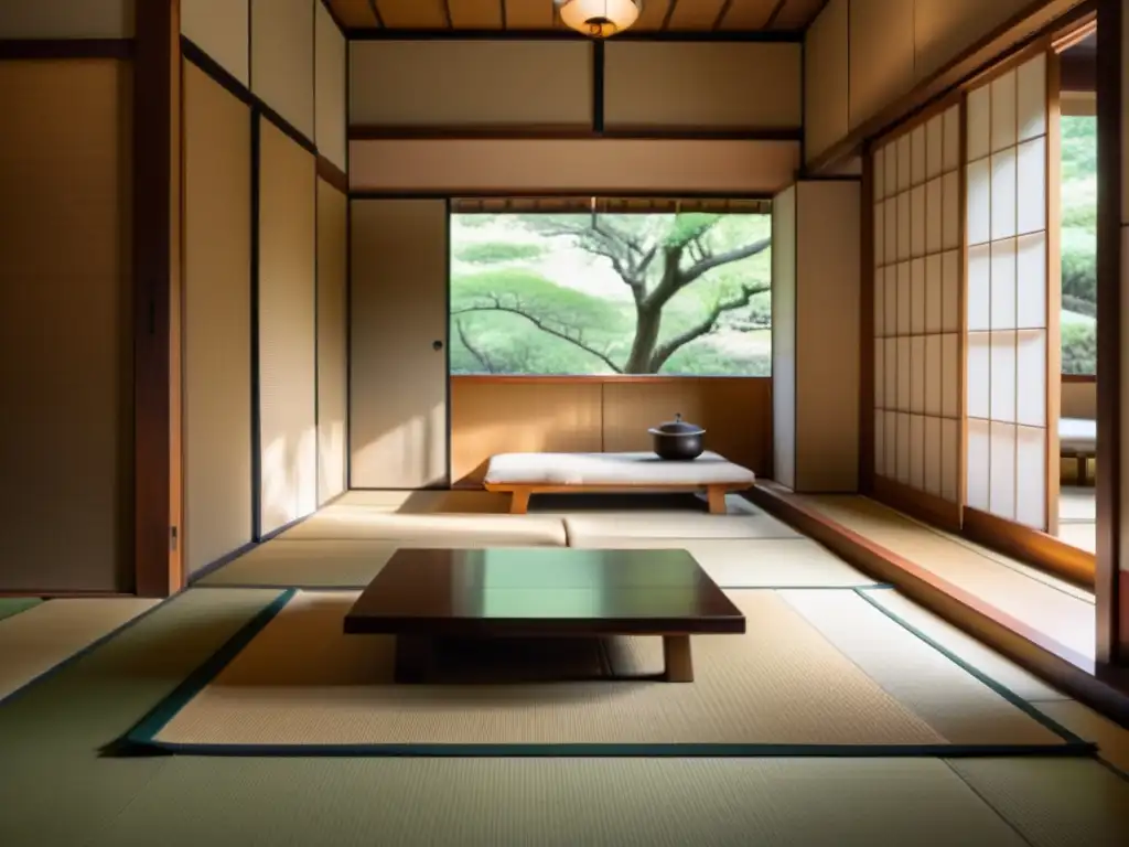 Imagen de una habitación tatami en un templo budista, con un ambiente sereno y una decoración minimalista