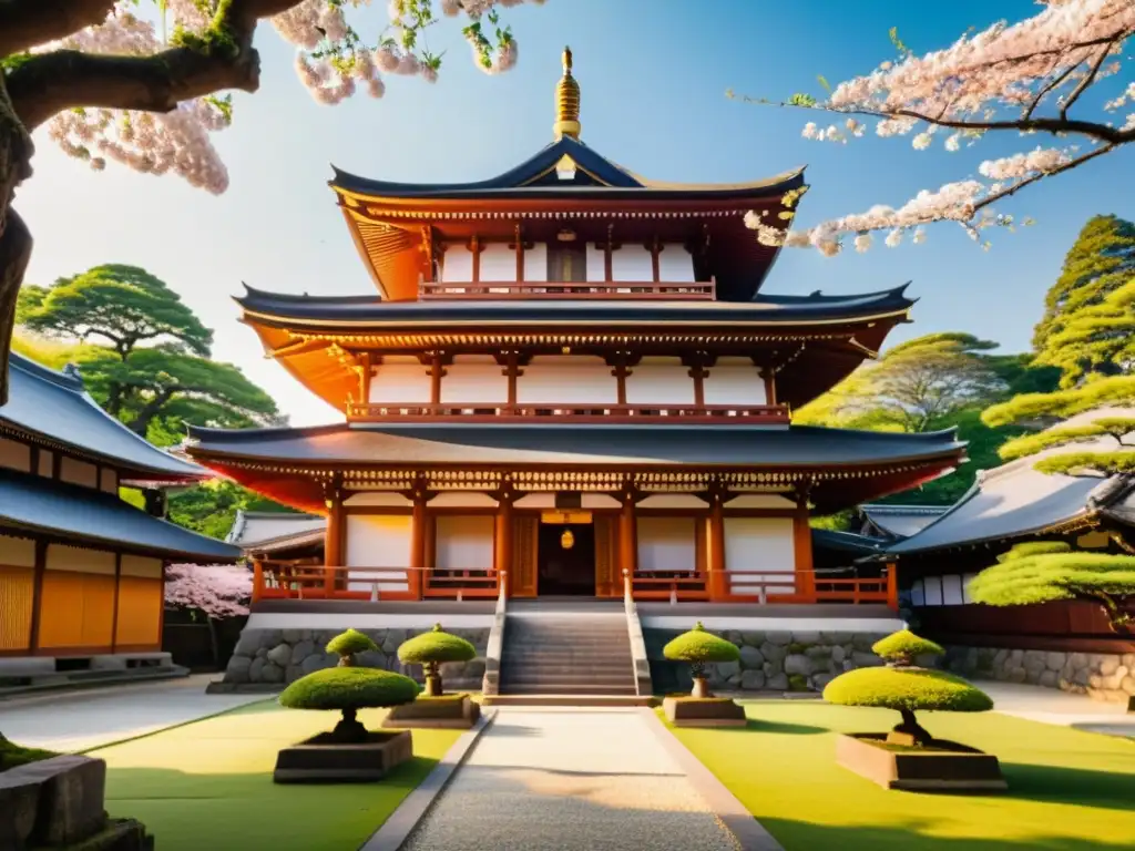 Imagen de un templo budista japonés rodeado de exuberante vegetación, con monjes meditando y árboles de cerezo en flor