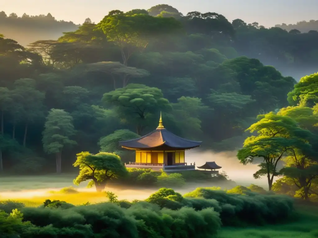 Imagen de un templo místico entre árboles en el bosque al amanecer, con una yogini en meditación