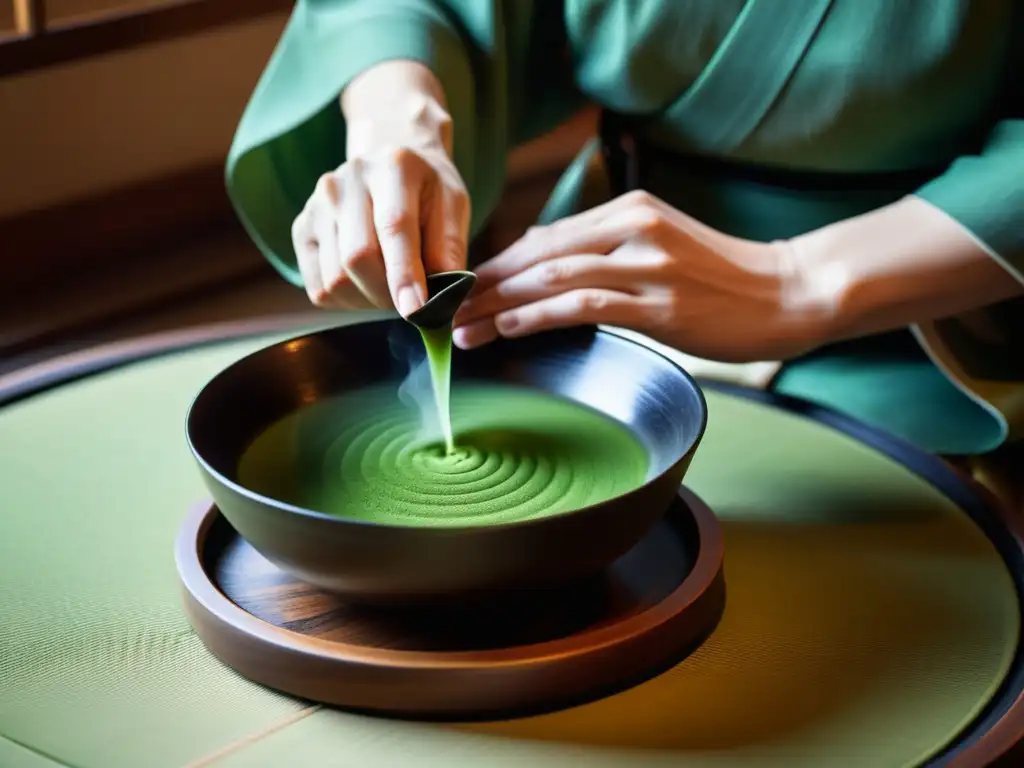 Maestro del té: la gracia del ritual japonés Imagen ultradetallada de la ceremonia del té japonés, mostrando la gracia y precisión de un maestro del té
