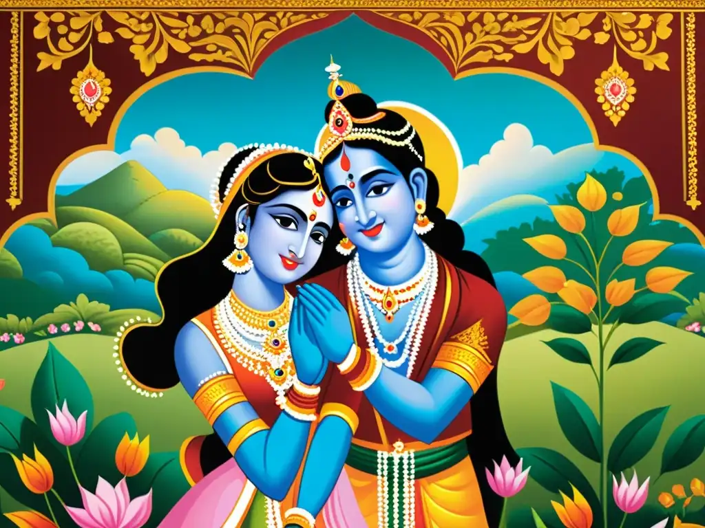 Imagen ultradetallada de un vibrante mural tradicional indio que representa la historia de amor de Krishna y Radha en colores ricos y vivos