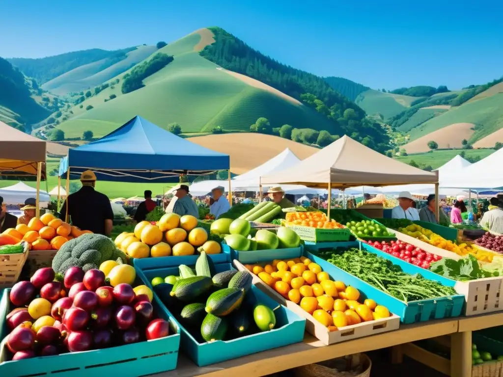 Imagen vibrante de un bullicioso mercado agrícola local con frutas, verduras y productos caseros