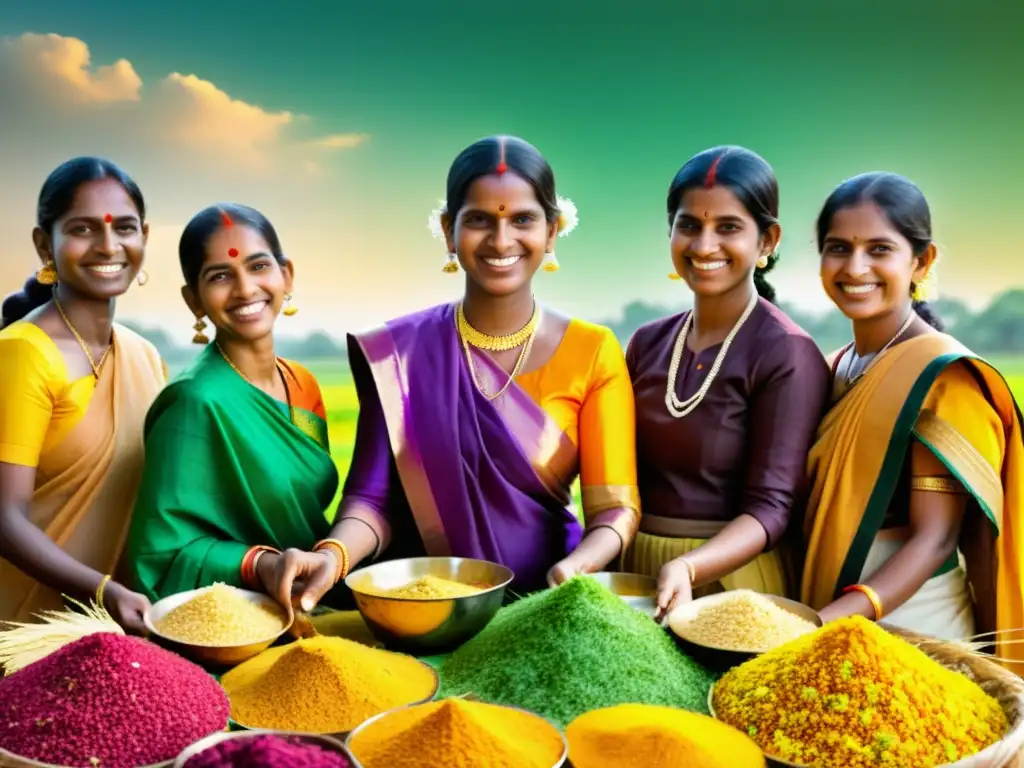 Imagen del vibrante Festival Pongal en India, con agricultores y sus familias celebrando la cosecha entre campos verdes y cultivos dorados