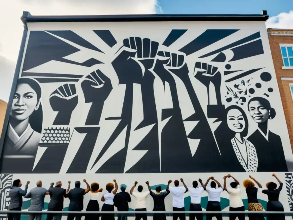 Una impactante fotografía en blanco y negro de un mural urbano que representa la lucha étnica y la resistencia