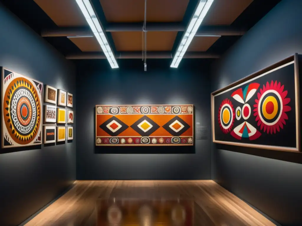 Una impactante exposición de arte aborigen contemporáneo en una galería, con obras vibrantes y símbolos tradicionales